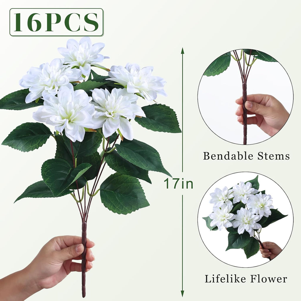 16 Bundles 17" Artificial Dahlia Flowers for Front Door Decor (White)