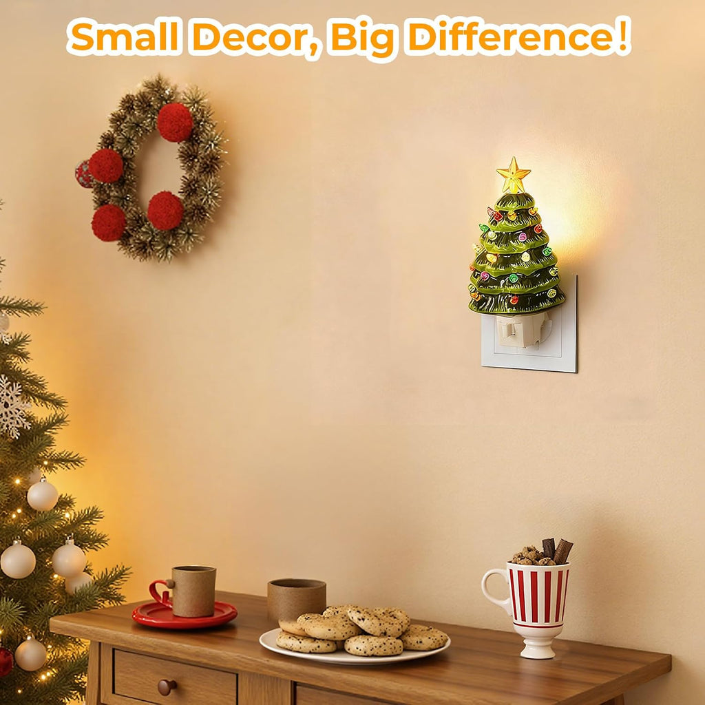 Brightever Ceramic Tree Night Light for Christmas Wall Decorations, 6" H Decorative Christmas Tree Nightlight with Multicolor Bulbs, On/Off Switch, Retro Xmas Decor for Bathroom, Bedroom - Green