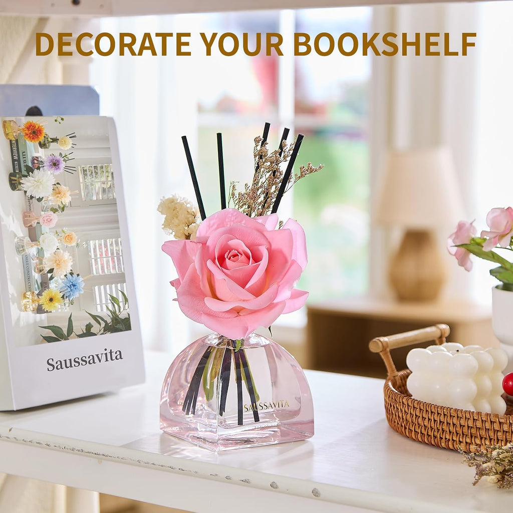 Reed Diffusers Set Rose Scented Diffuser for 140 Days, Flower Diffuser 8.5 fl oz with Dried Flowers and Decorative Rose, Long Lasting Home Fragrance with 10 Sticks for Bathroom, Shelf, Office Decor