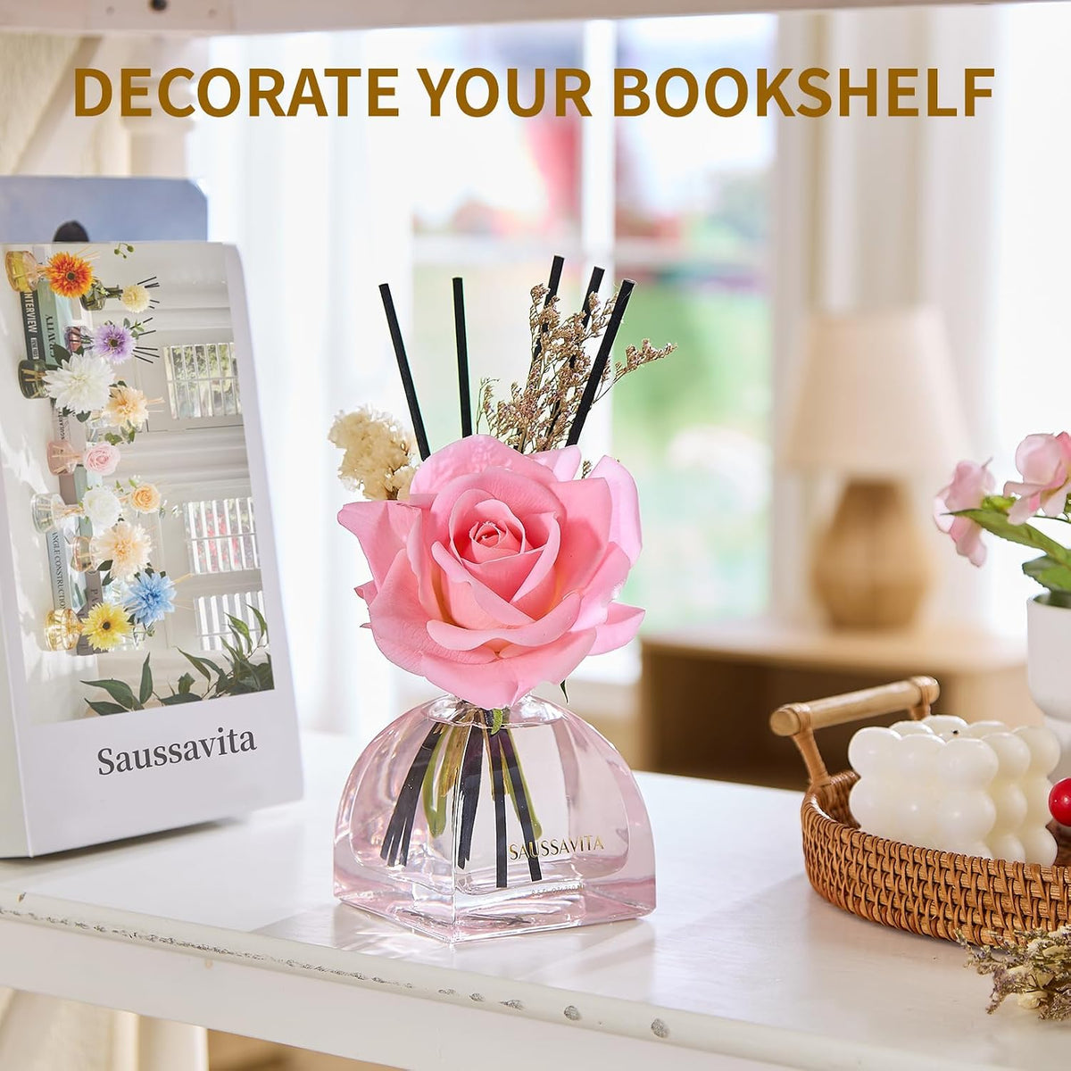 Reed Diffusers Set Rose Scented Diffuser for 140 Days, Flower Diffuser 8.5 fl oz with Dried Flowers and Decorative Rose, Long Lasting Home Fragrance with 10 Sticks for Bathroom, Shelf, Office Decor
