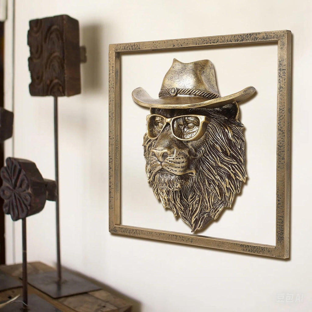 JJALIGHTS Exquisite Resin Animal Head Wall Sculpture (Gift Metal Frame) - Imitation Copper Vintage Decor for Living Room, Bedroom & Office | Decorative Wall Hanging Art (Lion)