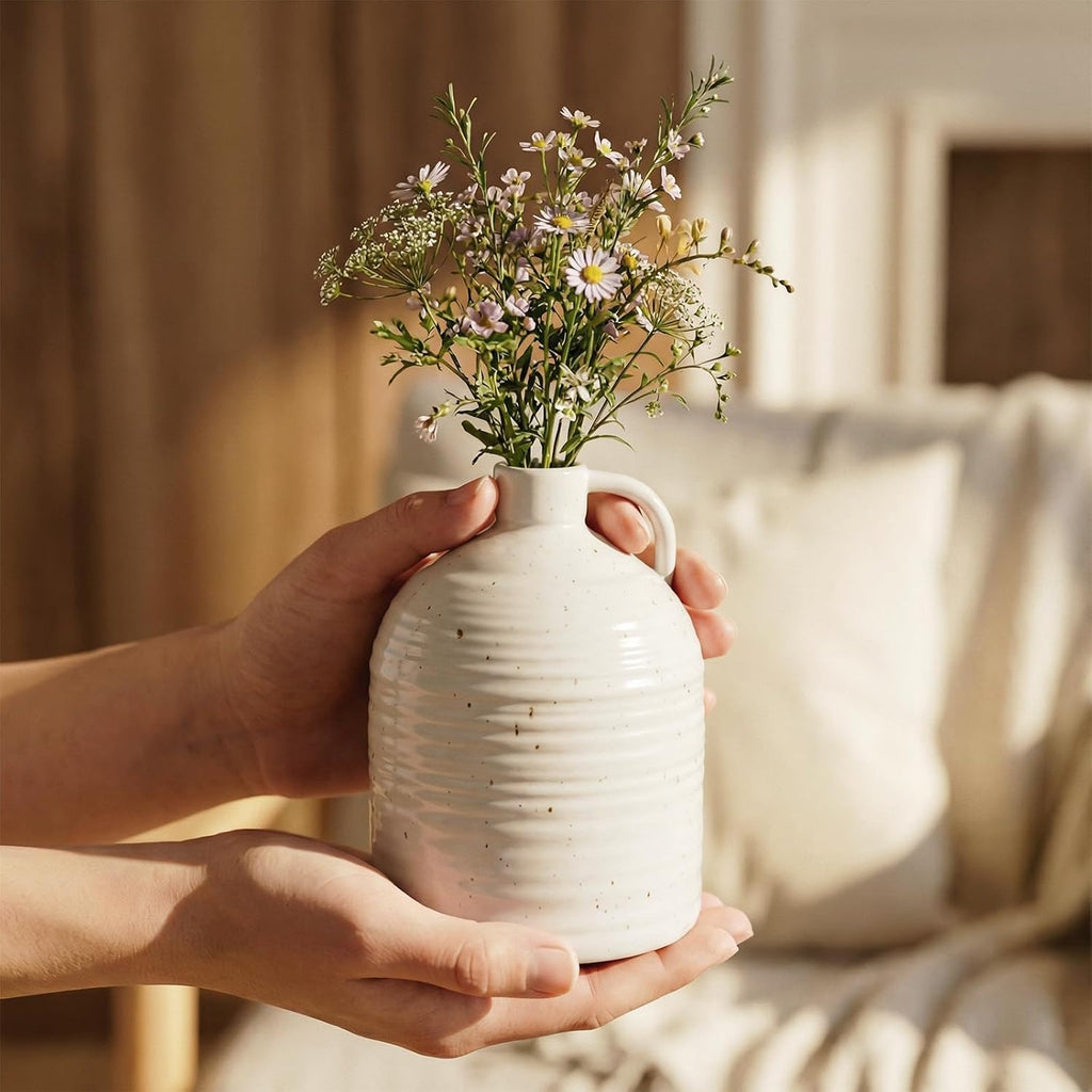 Firehold Ceramic Vase Set of 3 with Handles, Rustic Farmhouse Flower Vases