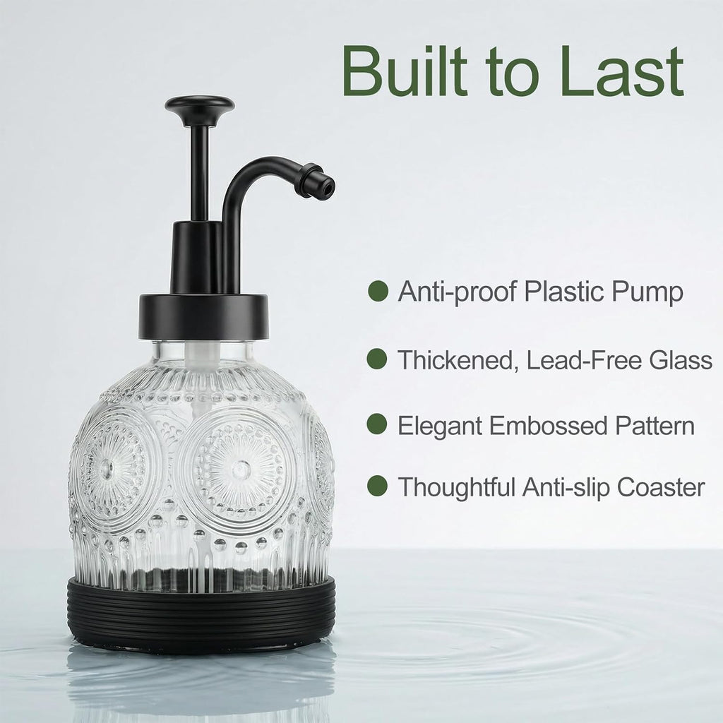 Glass Hand and Dish Soap Dispenser Set, Vintage Farmhouse Refillable Soap Dispenser with Black Pump & Non-Slip Mat, for Bathroom Kitchen Shampoo Lotion, Rustic Antique Decor (2 PCS, White)