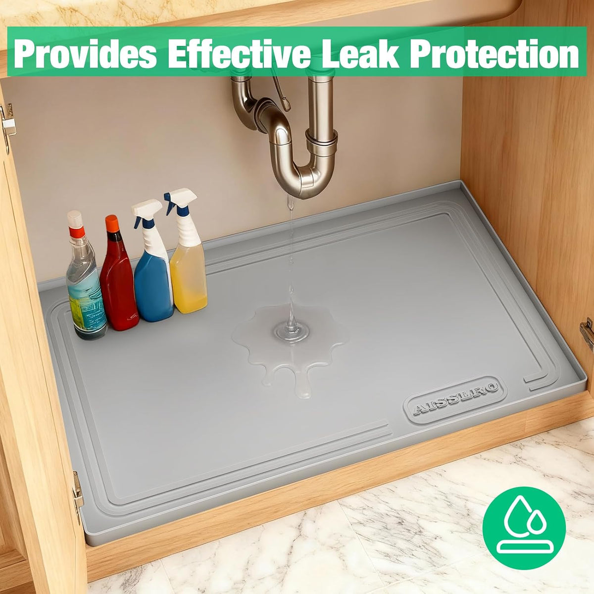 Under Sink Mat 34" X 22", Waterproof Silicone Cabinet Kitchen Liner, Gray