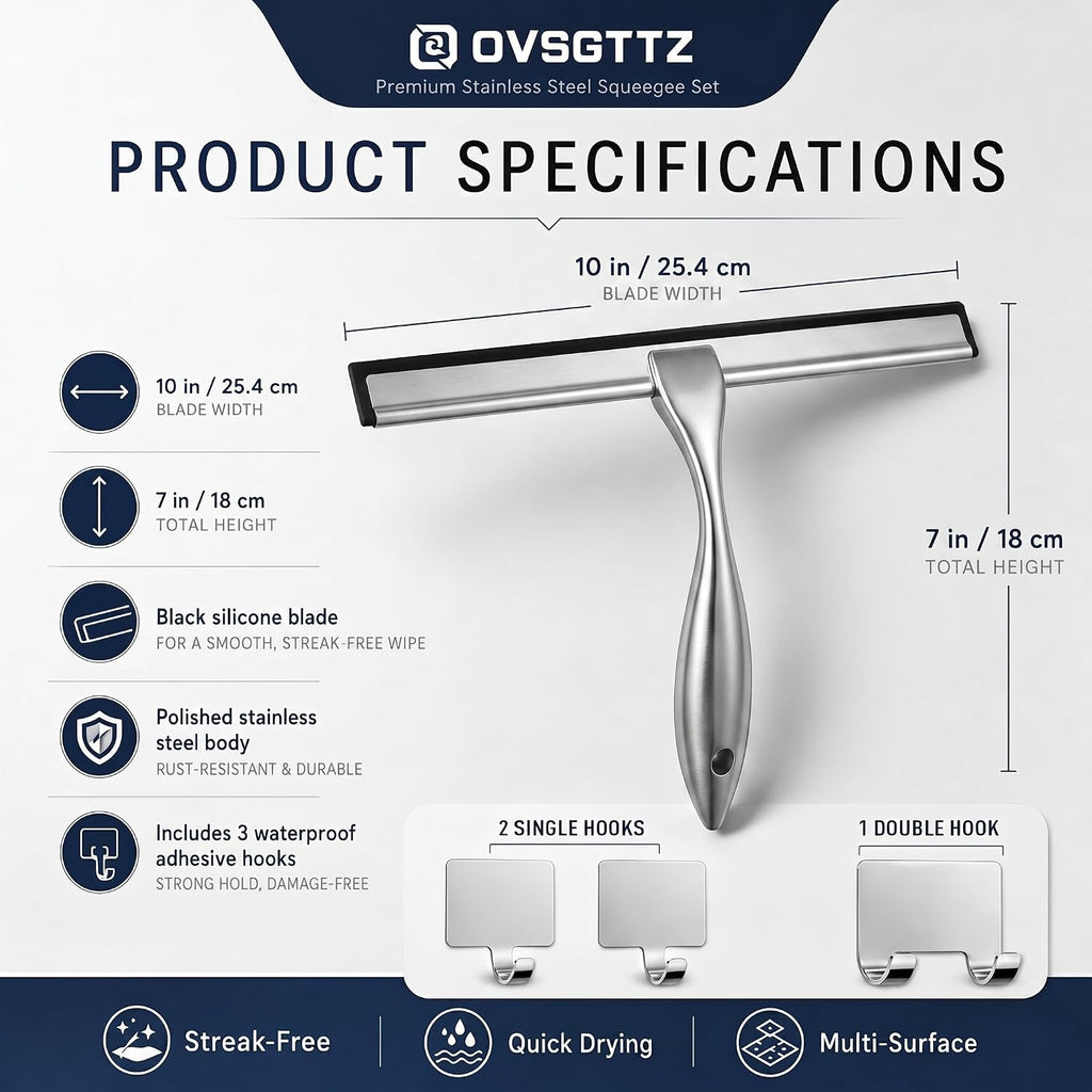 Shower Squeegee for Glass Doors, Stainless Steel Bathroom Squeegee with 3 Kinds of Waterproof Adhesive Hooks, 10 Inch Window Mirror Tile Wall Car Glass Cleaner Tool, Streak-Free Silicone Blade