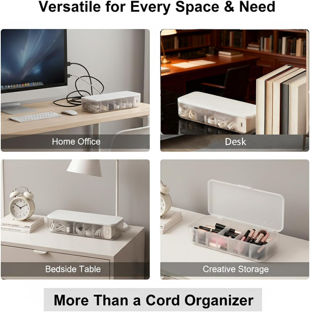 Cable Organizer Box with 7 Wire Ties, 2 Pack Desktop Cord Management Storage Case with Lid, 7 Compartments for Chargers Cables for Office Home Desk Accessories Cords (White)