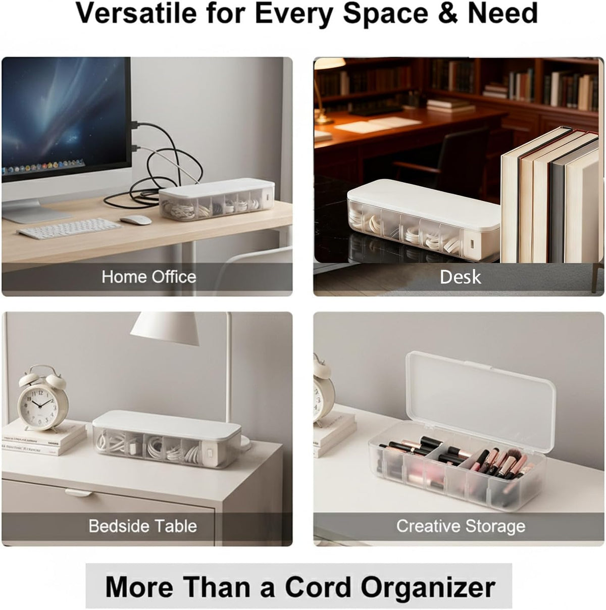 Cable Organizer Box with 7 Wire Ties, 2 Pack Desktop Cord Management Storage Case with Lid, 7 Compartments for Chargers Cables for Office Home Desk Accessories Cords (White)