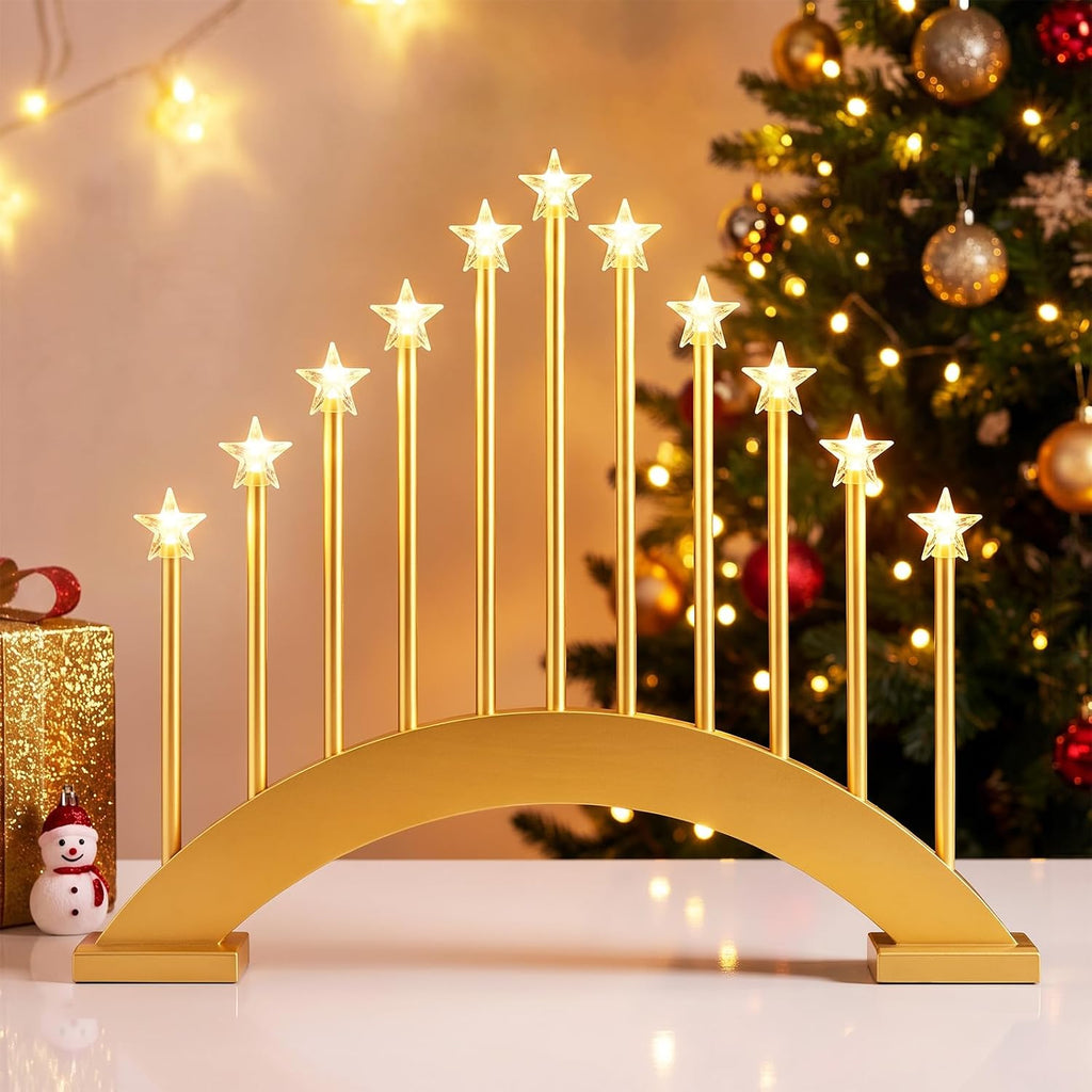 Lewondr Christmas Swedish Candelabra, 11 Flameless Taper Candles, Gold