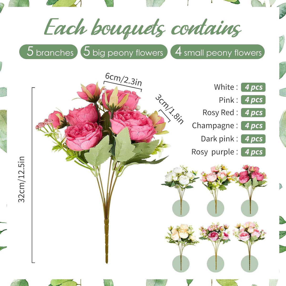 Jexine Artificial Peonies Flowers Bouquets, Colorful, 24