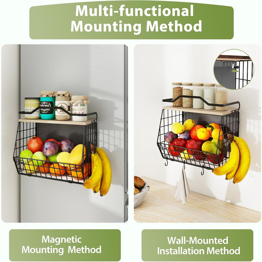 Wawocs Magnetic Shelf for Fridge with Wood Lid, 2 Tier Fruit Baskets Wall Mounted Hanging Basket with 4 Hanger Hooks, Potato and Onion Magnetic Storage Bins for Kitchen Counter, Refrigerator, Cabinet