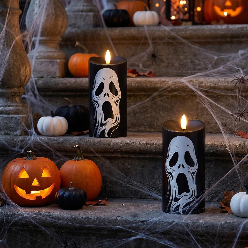 Halloween Black Flameless Pillar Candles with Ghost Decals, 2PCS