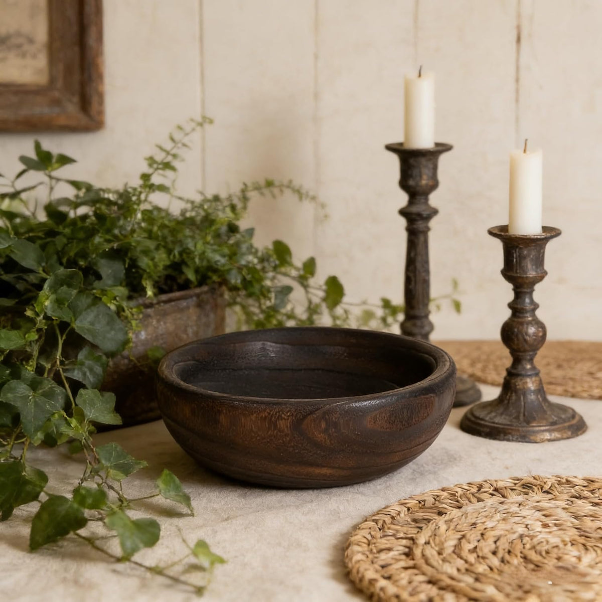 Wooden Decorative Bowl, Approx 12.6 Inch,Hand Crafted Wooden Dough Decor Bowl, Table Centerpiece Decor Bowl, is perfect for sepak takraw ,coin,remote, cosmetics and keys Storage bowl (Large)
