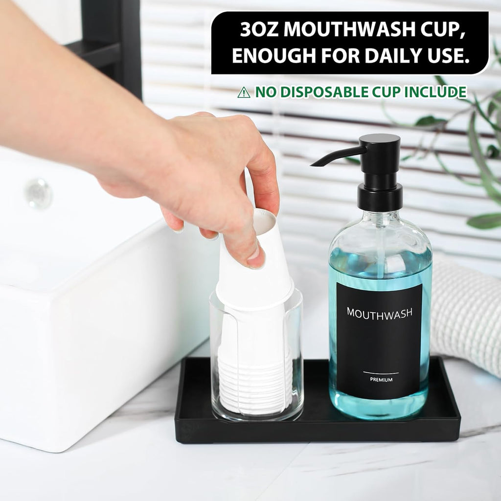 Mouthwash Dispenser for Bathroom, Glass Mouth Wash Pump Dispenser with Cup Holder, 17 Fl Oz Mouthwash Bottle Decanter with Tray, Refillable Mouthwash Dispenser Container