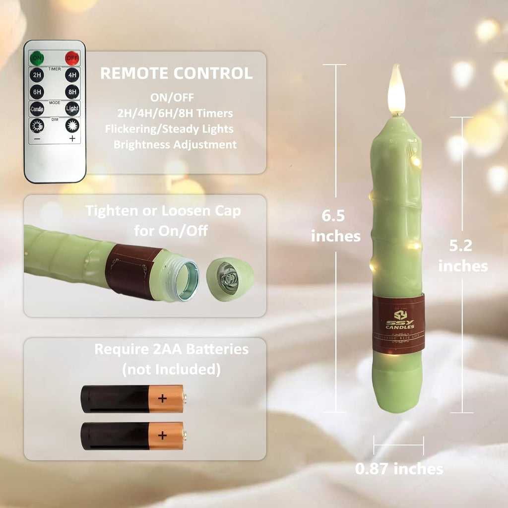 6.5 inch Green Flameless Candle with String Light Window Candles with Remote Timer Battery Operated Taper Candle LED Taper Candles Set of 4