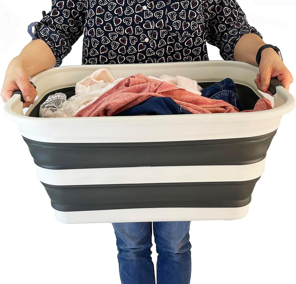 SAMMART 42L (11.09 Gallons) Collapsible Plastic Laundry Basket - Foldable Pop Up Storage Container/Organizer - Portable Washing Tub - Space Saving Hamper/Basket (1, Grey/Washed Black)