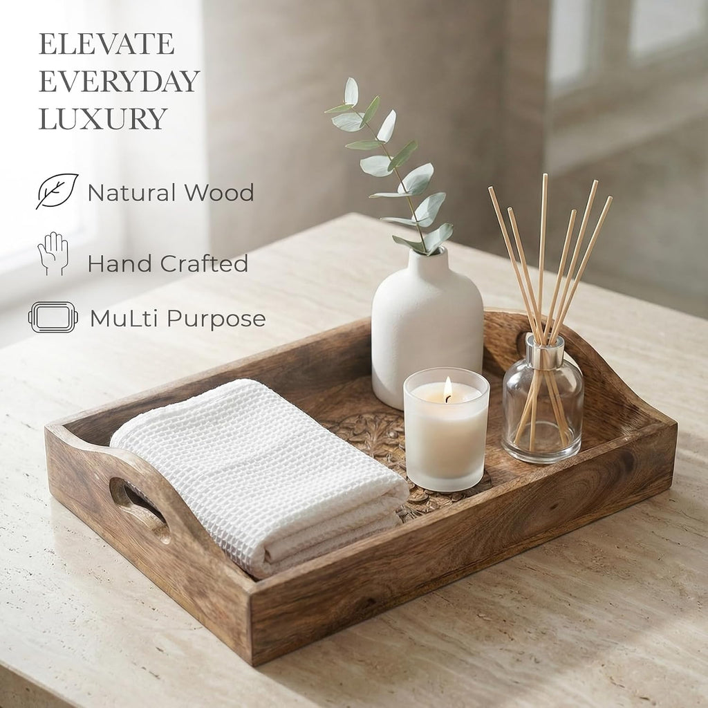 Ajuny Wooden Serving Trays Set of 3 with Handles, Hand Carved Flower Design