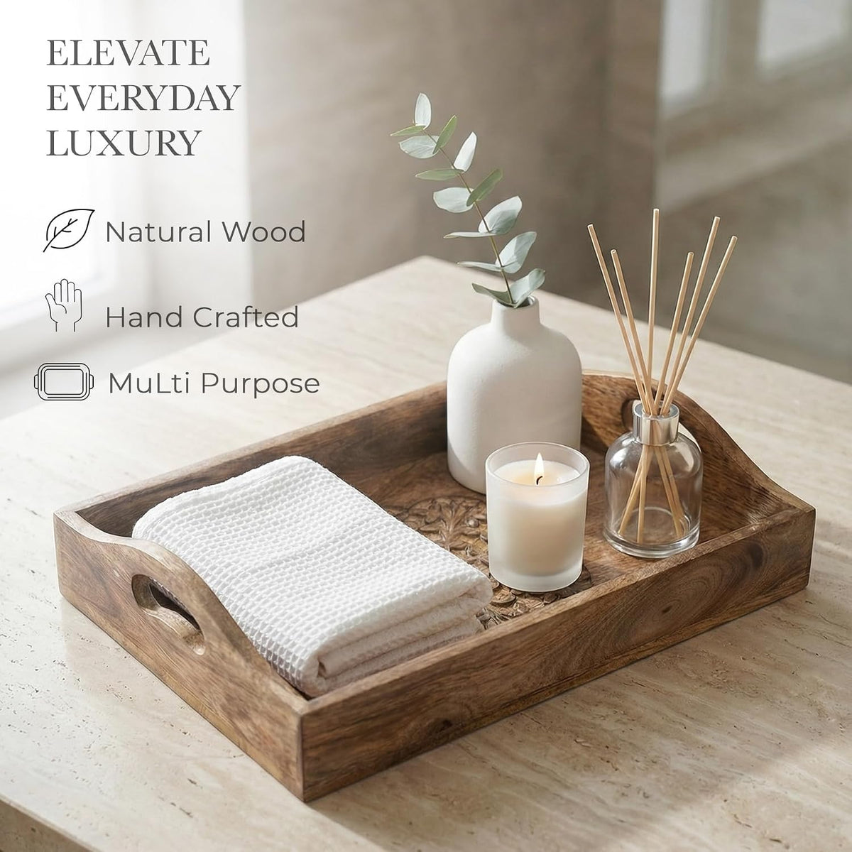 Ajuny Wooden Serving Trays Set of 3 with Handles, Hand Carved Flower Design