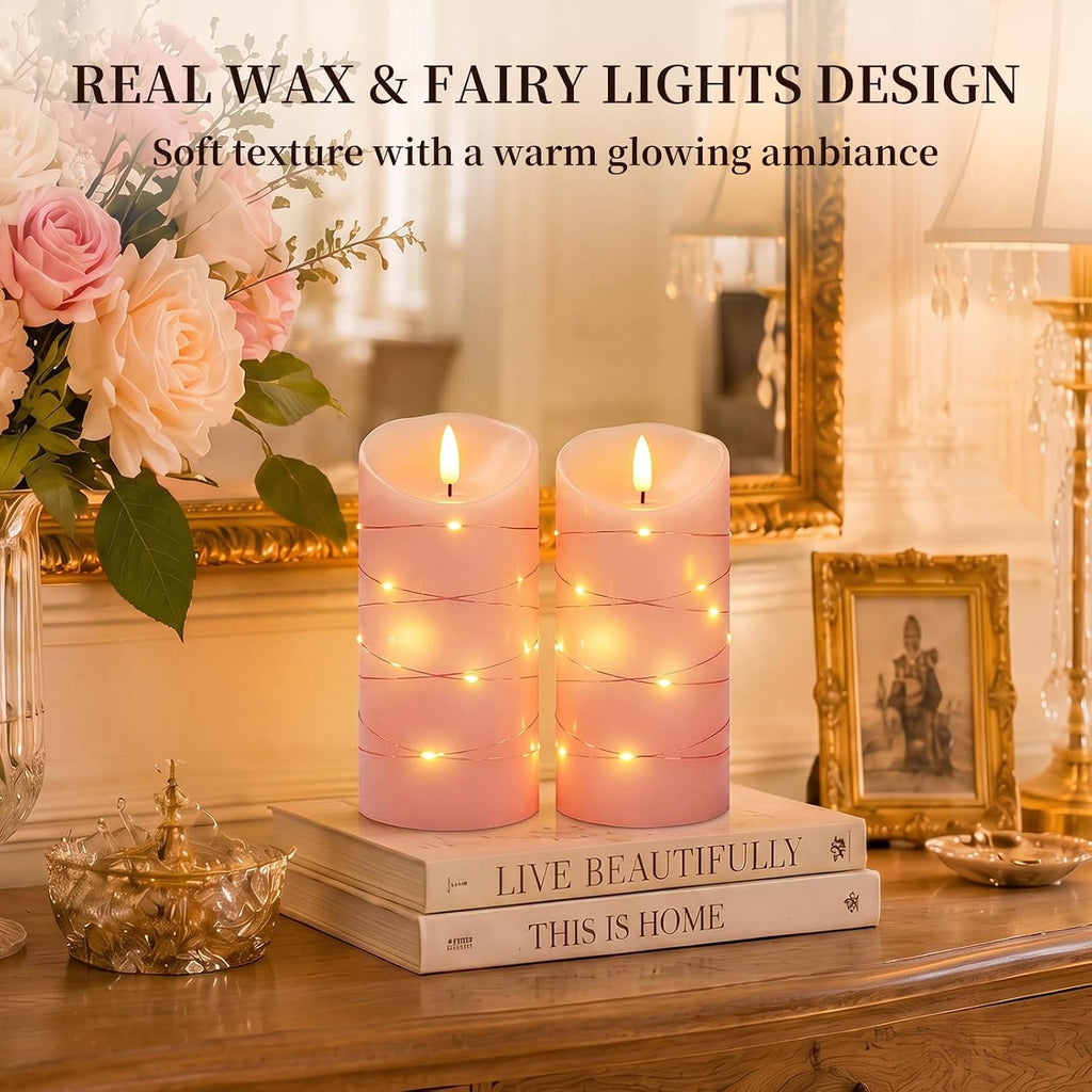 Homemory Flameless Candles with String Lights, 2 Pack Embedded Fairy String Lights LED Candles, Electric Flickering Candles with Remote Control and Timer, Real Wax, Pink