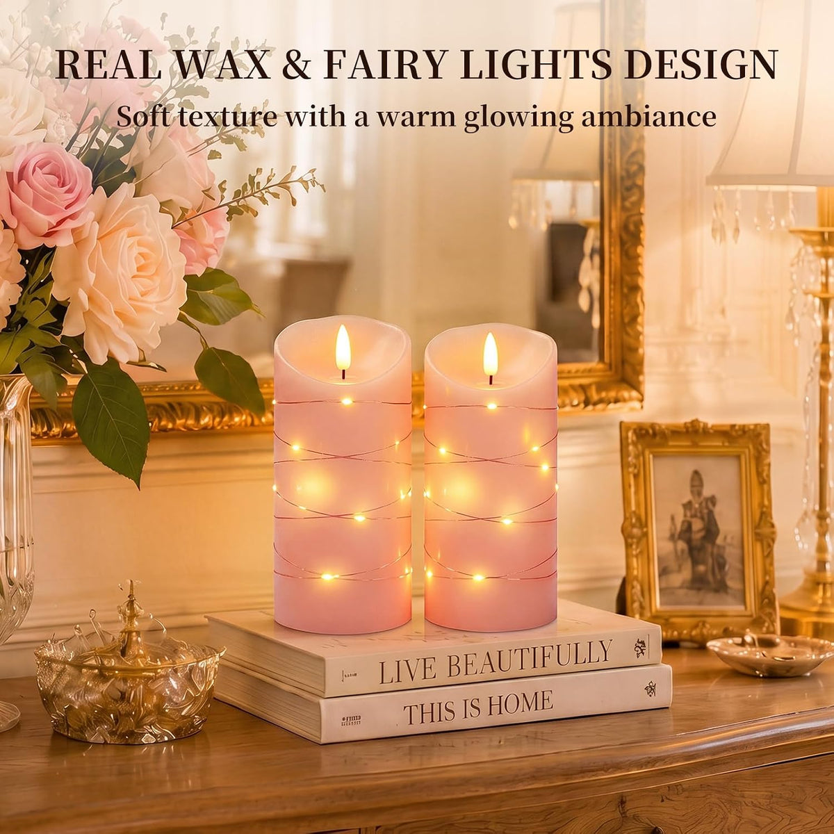 Homemory Flameless Candles with String Lights, 2 Pack Embedded Fairy String Lights LED Candles, Electric Flickering Candles with Remote Control and Timer, Real Wax, Pink