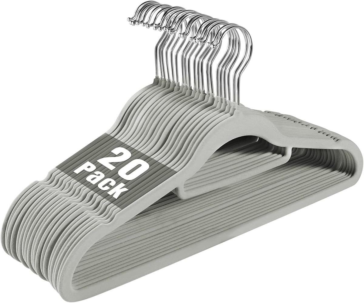 20 Pack of Grey Velvet Non-Slip Suit Hangers with 360°Swivel Hook - Heavy Duty, Space Saving, and Perfect for Adult Clothing.