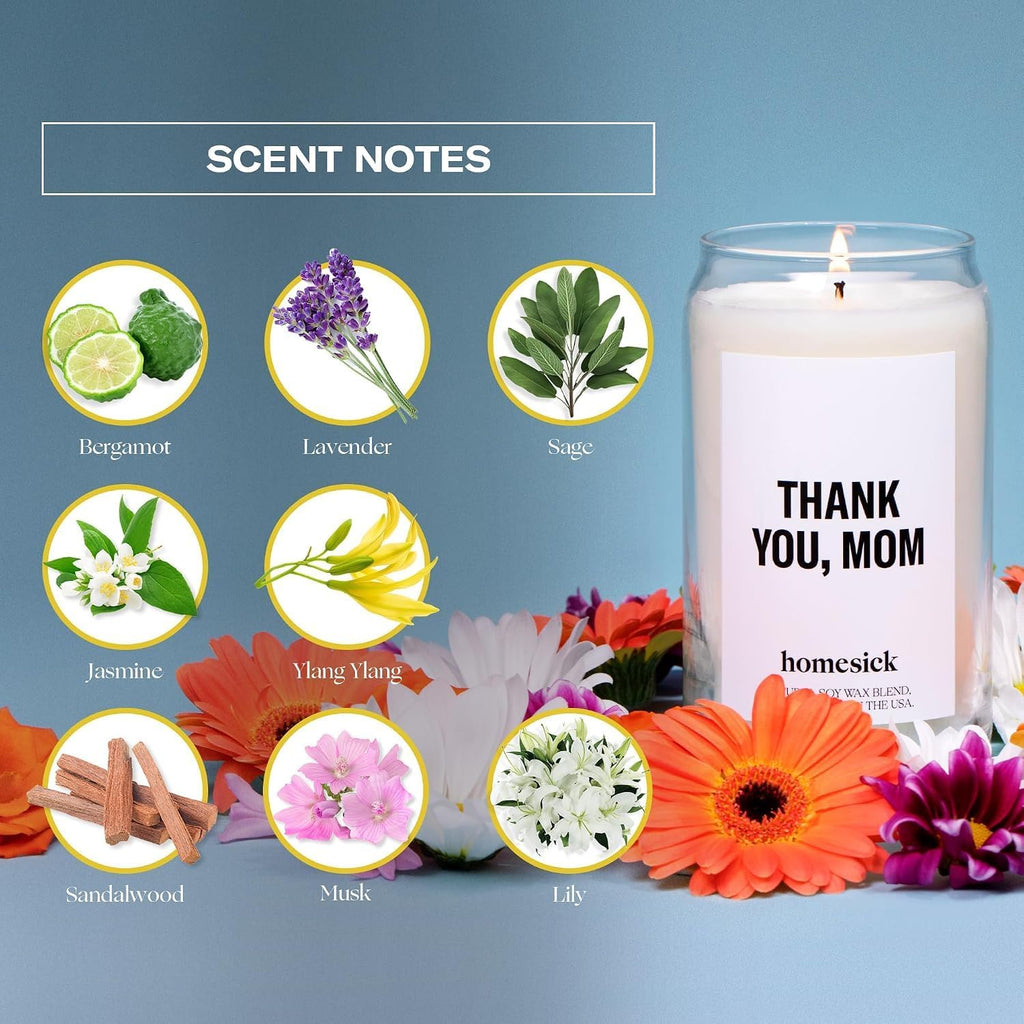 Homesick Thank You Mom Candle – 13.75 oz Scented Candle in Sage Sandalwood Soy Wax Blend, Non-Toxic, 80 Hr Burn with Organic Cotton Wick, Reusable Jar – Best Wedding & Engagement Gifts for Couples