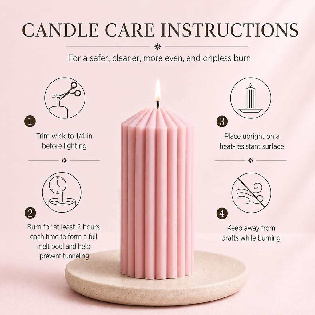 Ribbed Decorative Scented Pillar Candles, 3 Pack,2.8 x 4/6/8 Inch, Pink
