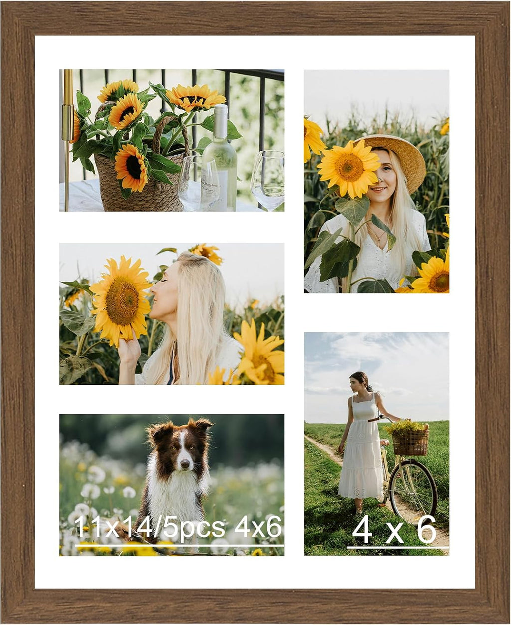 JCJMY 11x14 Picture Frame, 4x6 Collage Picture Frame, Display 5 Pcs 4x6 Photos or 11x14 Picture, Five Opening 4x6 Collage Frame for Wall Hanging, Lightweight 4 x 6 Multi Pictures Frame, Brown