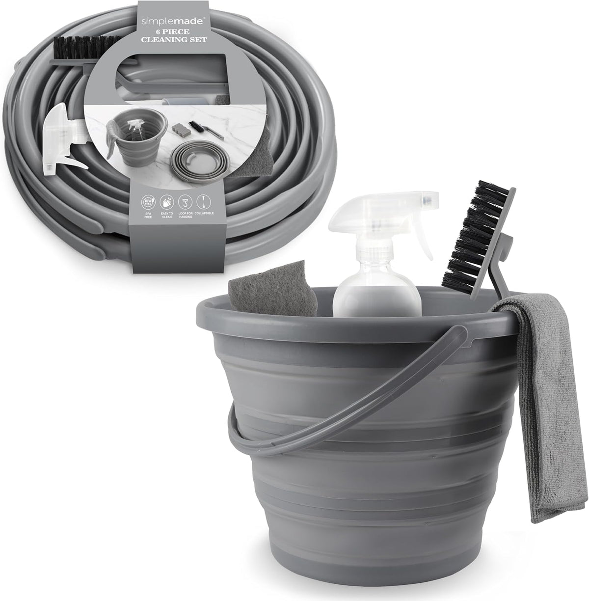 SIMPLEMADE Collapsible Bucket Cleaning Set - Includes 2 Foldable Buckets, Spray Bottle, Rag, Scrubbing Brush and Sponge - Holds Up to 10 liters, Easy Storage, All-Purpose Cleaning Solution