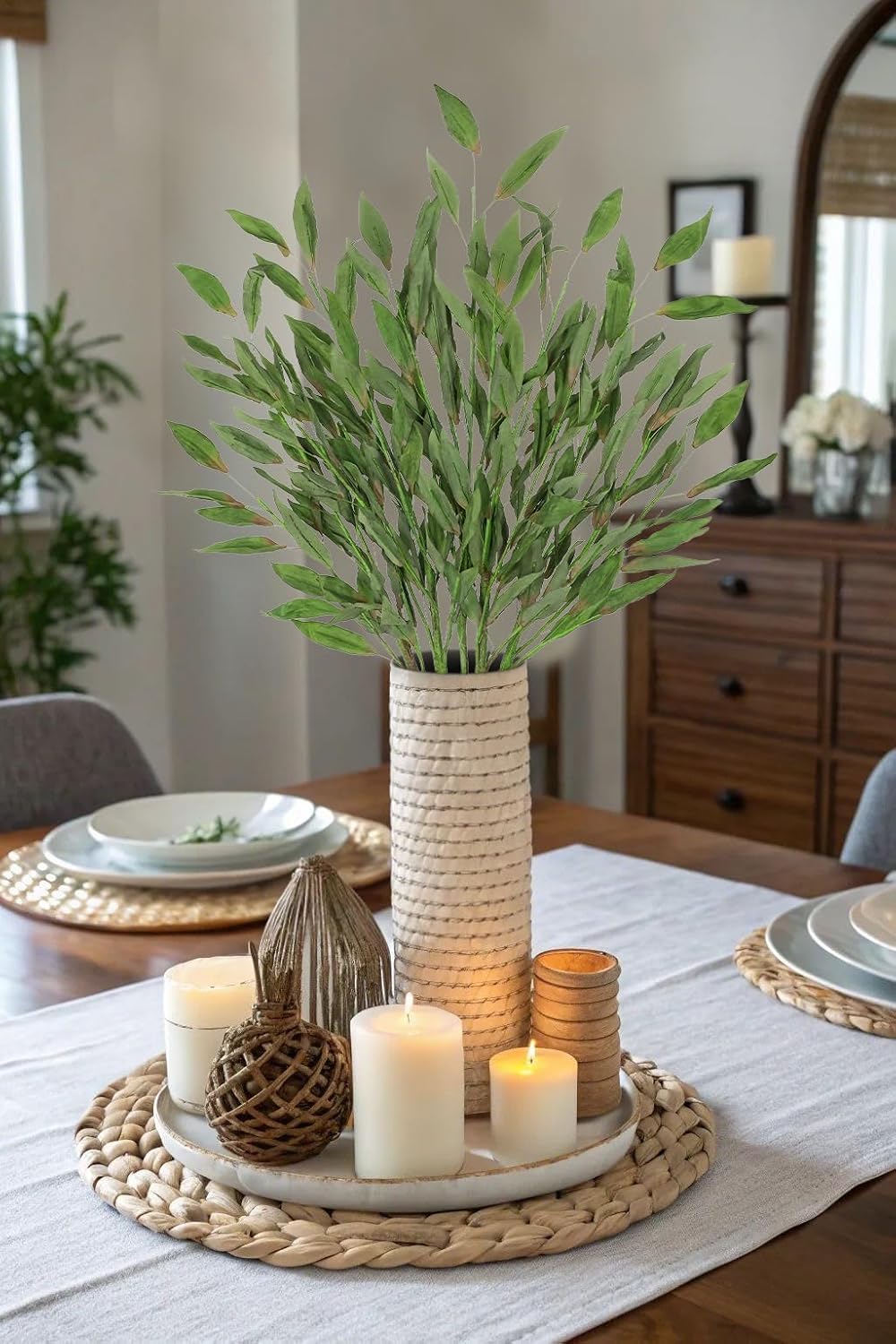 5 Pcs Artificial Fall Eucalyptus Leaves Greenery Stems for Home Vase Decor, 35" Fake Leaf Branches Plants for Autumn Floral Arrangements, Wedding, Thanksgiving & Party Table Centerpieces, Green