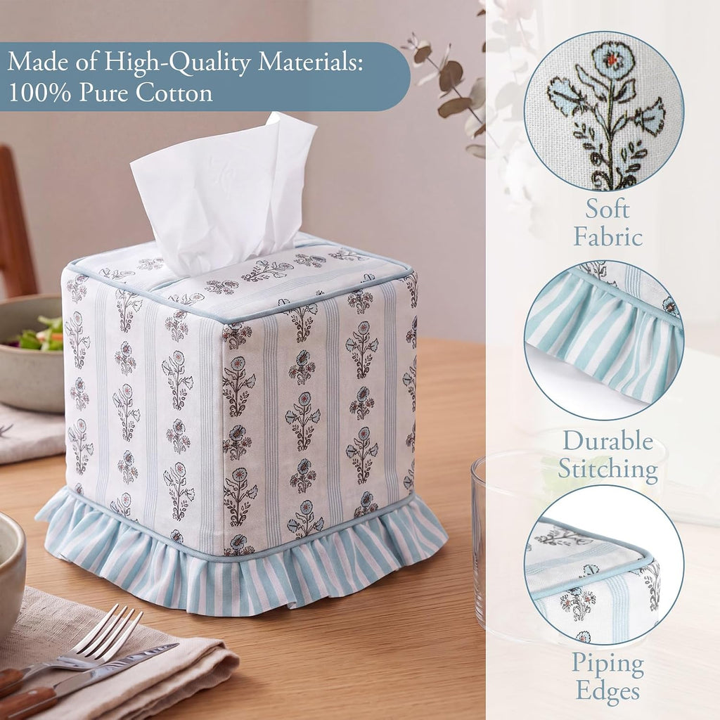Grandmillennial Floral Ruffle Tissue Box Cover Block Printed