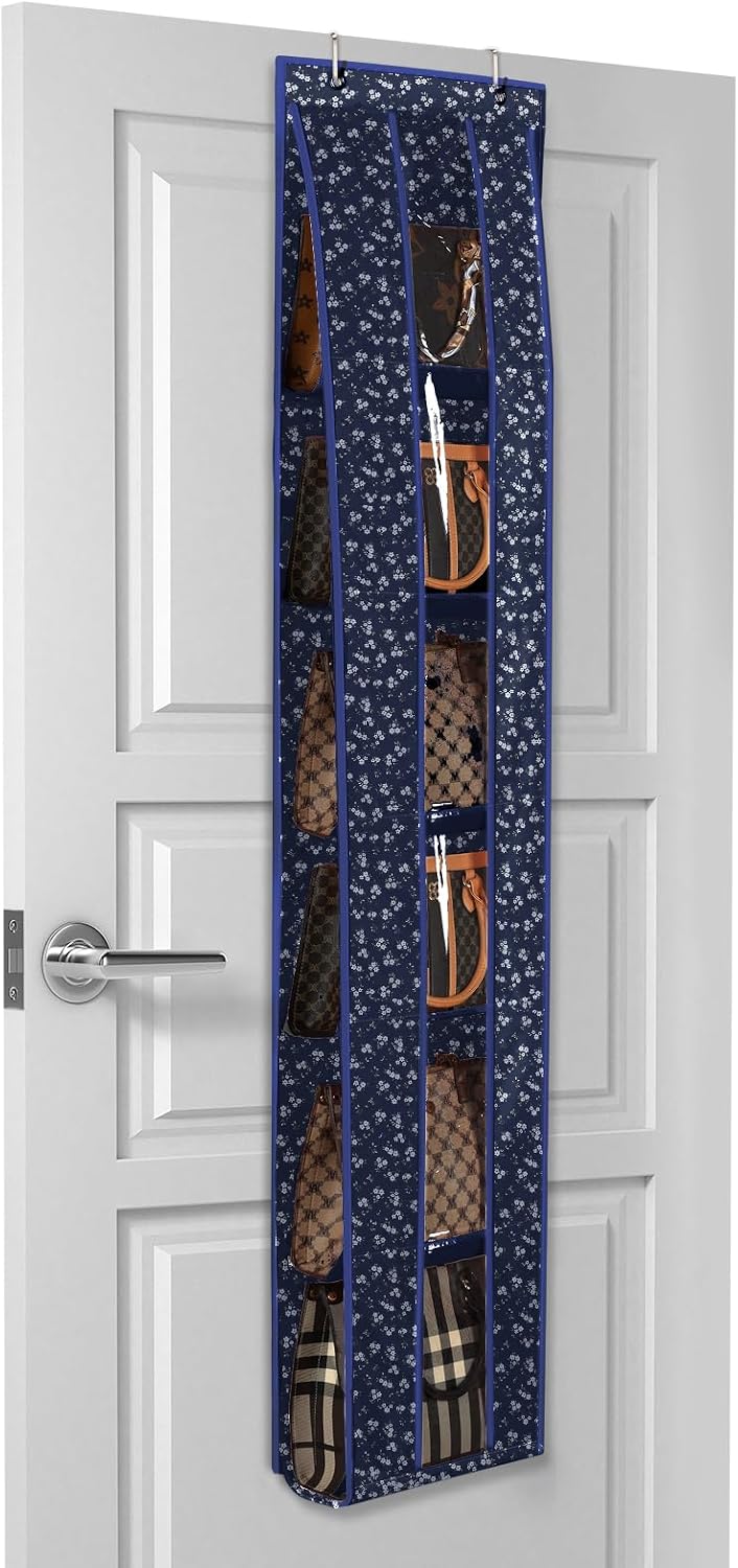 Lirex Over the Door Purse Organizer, Space-Saving Medium and Large Handbag Storage Organizer Clothing Closet Hanger, Blue White Floral