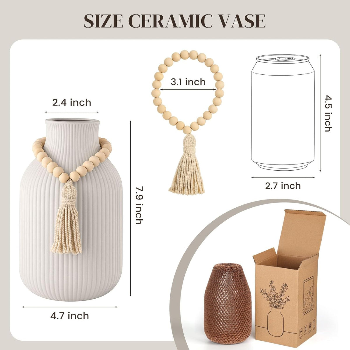 JOHOUSE White Ceramic Vase, 7.9 Inch Ribbed Vase with Wooden Beads Tassel