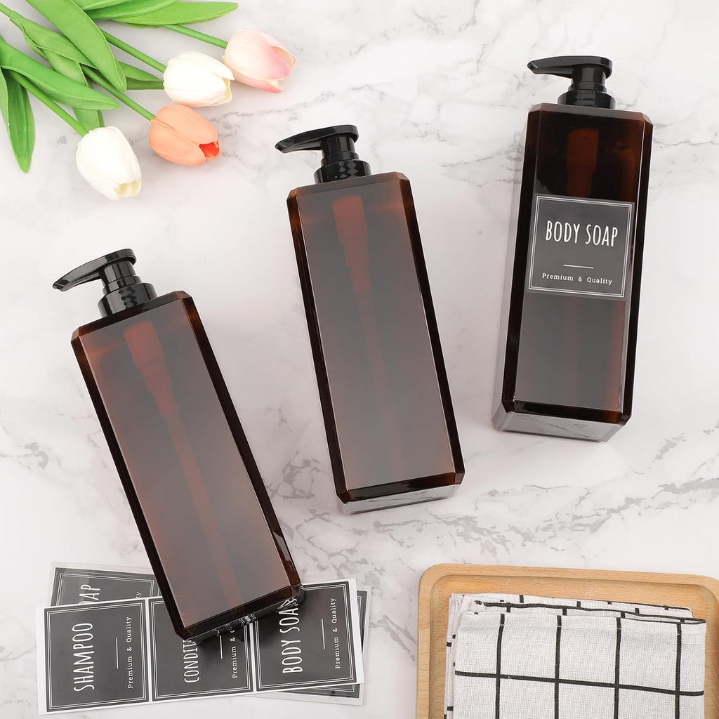 Segbeauty 33.8oz Amber Soap Dispenser Bathroom, 3pcs Plastic Soap Dispenser with Labels, Pump Bottles for Shampoo and Conditioner, 1000ml Large Square Lotion Pump Bottle Refillable Body Wash Container