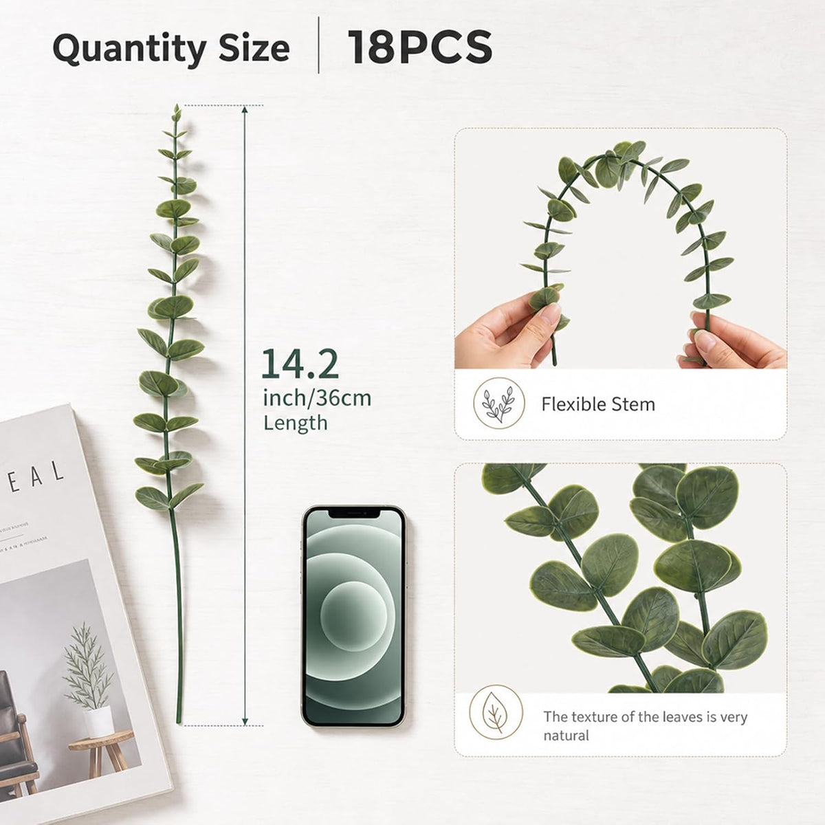 18 Pcs Artificial Eucalyptus Stems Dark Green Leaves Fake Greenery Branches Faux Flowers Bouquet for Home Decor Wedding Centerpiece Table Decoration