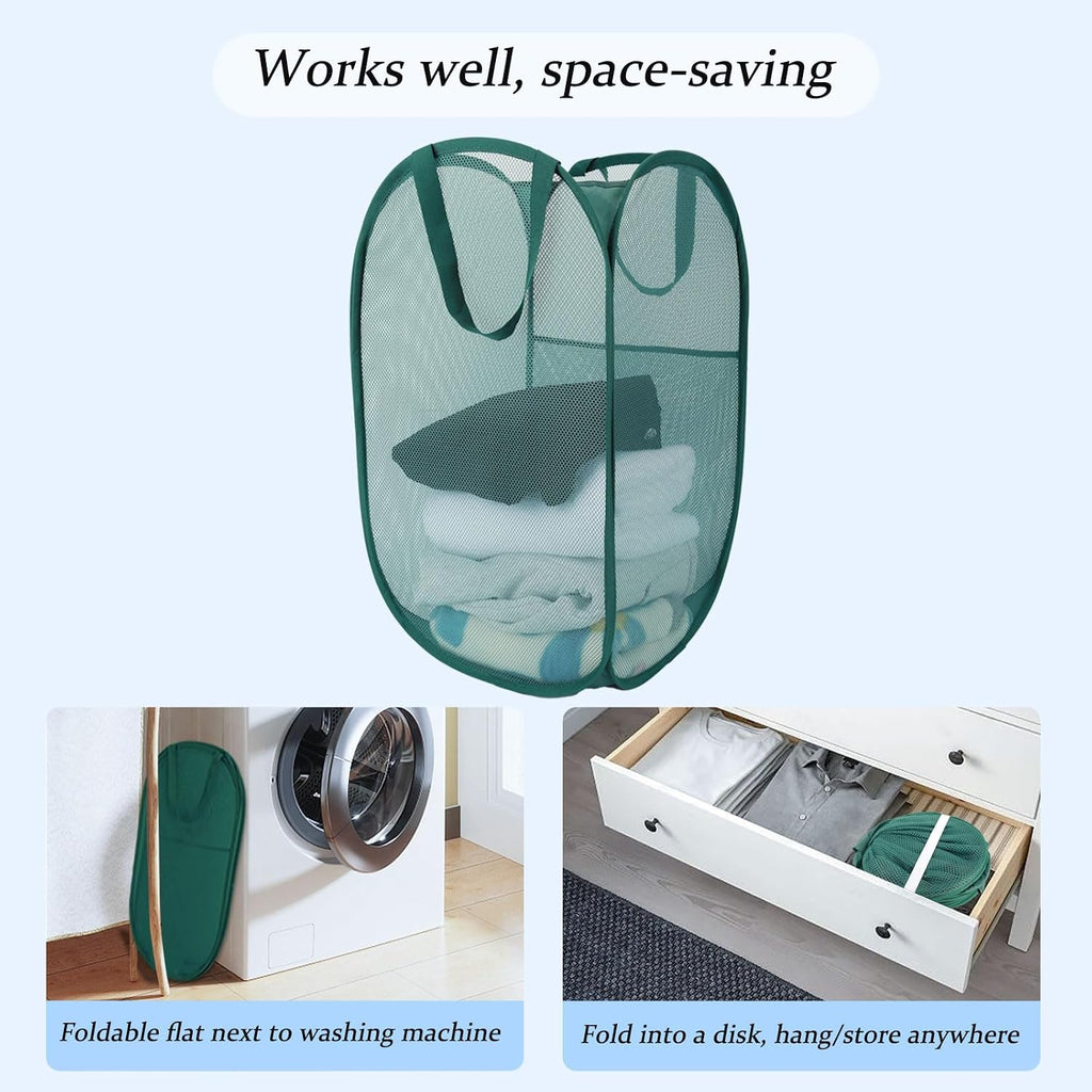 Upgraded 100L Extra Large Collapsible Laundry Baskets, 2 Pack XL Mesh Pop Up Laundry Hamper with Handles, Portable Travel Laundry Basket, Foldable Hamper. Green