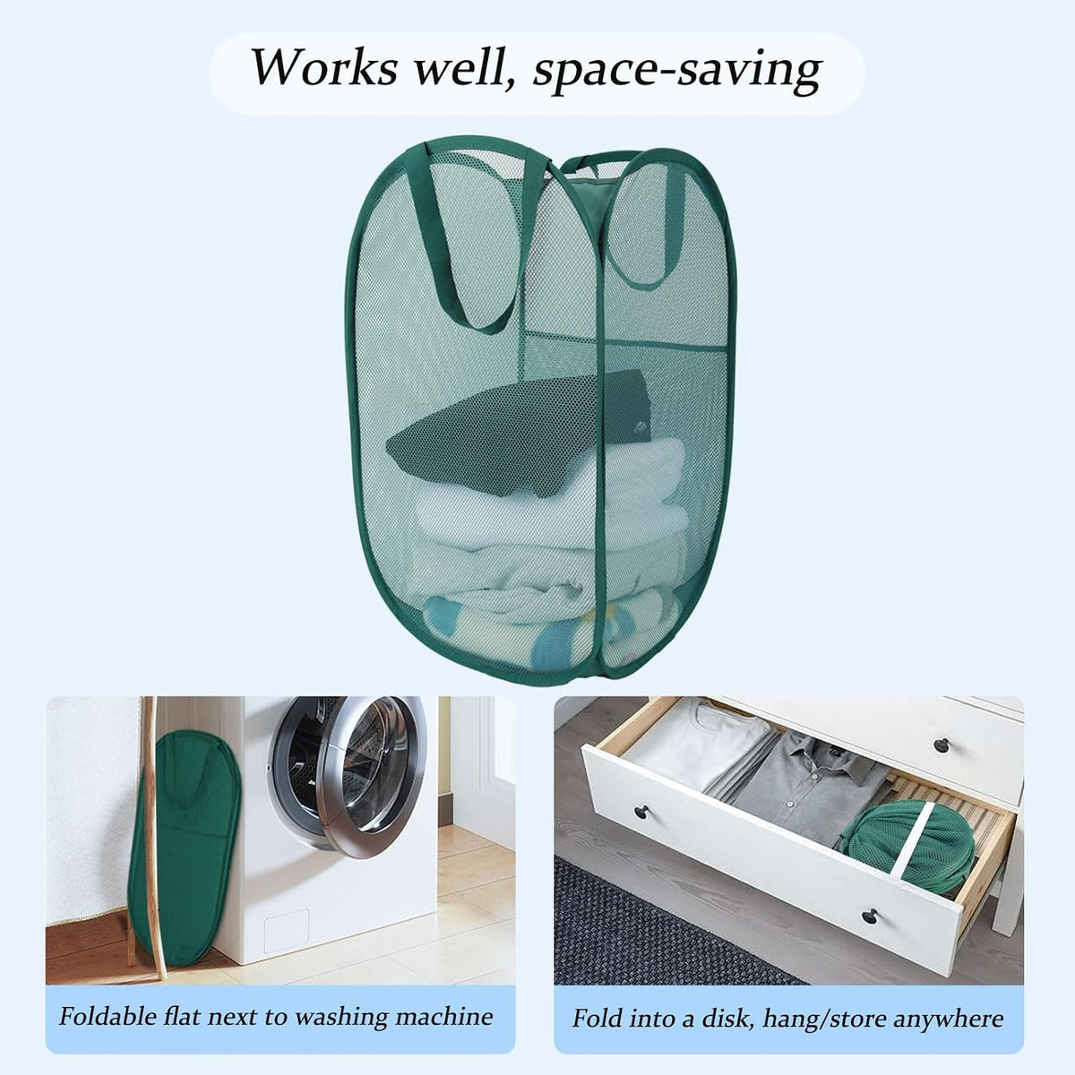 Upgraded 100L Extra Large Collapsible Laundry Baskets, 2 Pack XL Mesh Pop Up Laundry Hamper with Handles, Portable Travel Laundry Basket, Foldable Hamper. Green