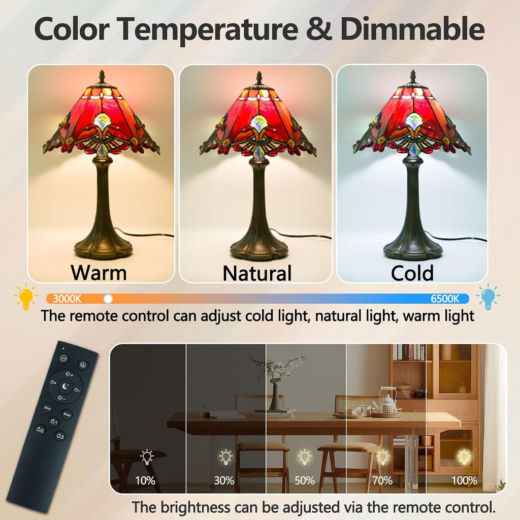 Tiffany Style Lamp,Red,Remote Brightness & Temp Control,12 Inch
