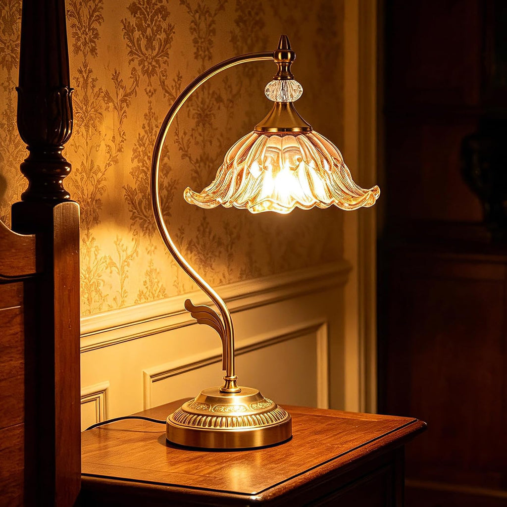 Vintage Floral Table Lamp, Plug in Mid-Century Modern Desk Lamp with Amber Glass Shade, Gold Bedside Table Lamp Dimmable for Bedroom Living Room Home Office, E26 Base, UL Listed