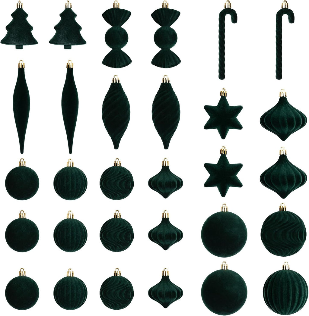 30PCS Green Velvet Christmas Ornaments Set,Flocked Ornaments Balls for Tree