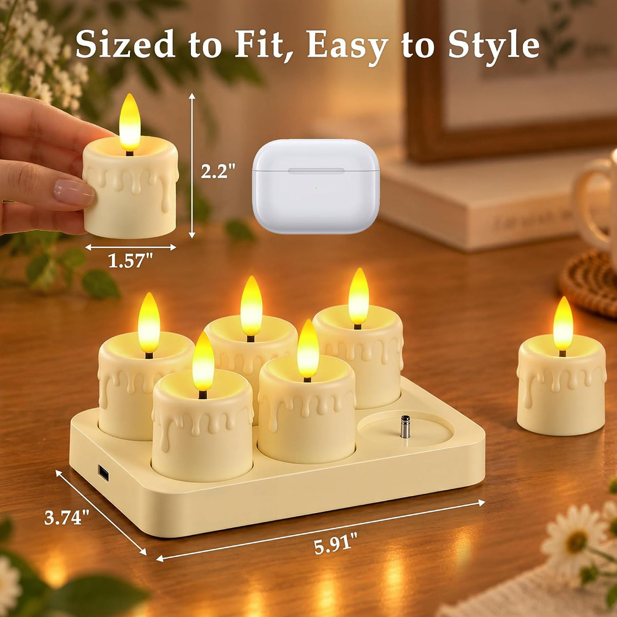 Rechargeable Flameless Tea Lights Candles with Charging Station Remote 6Pcs
