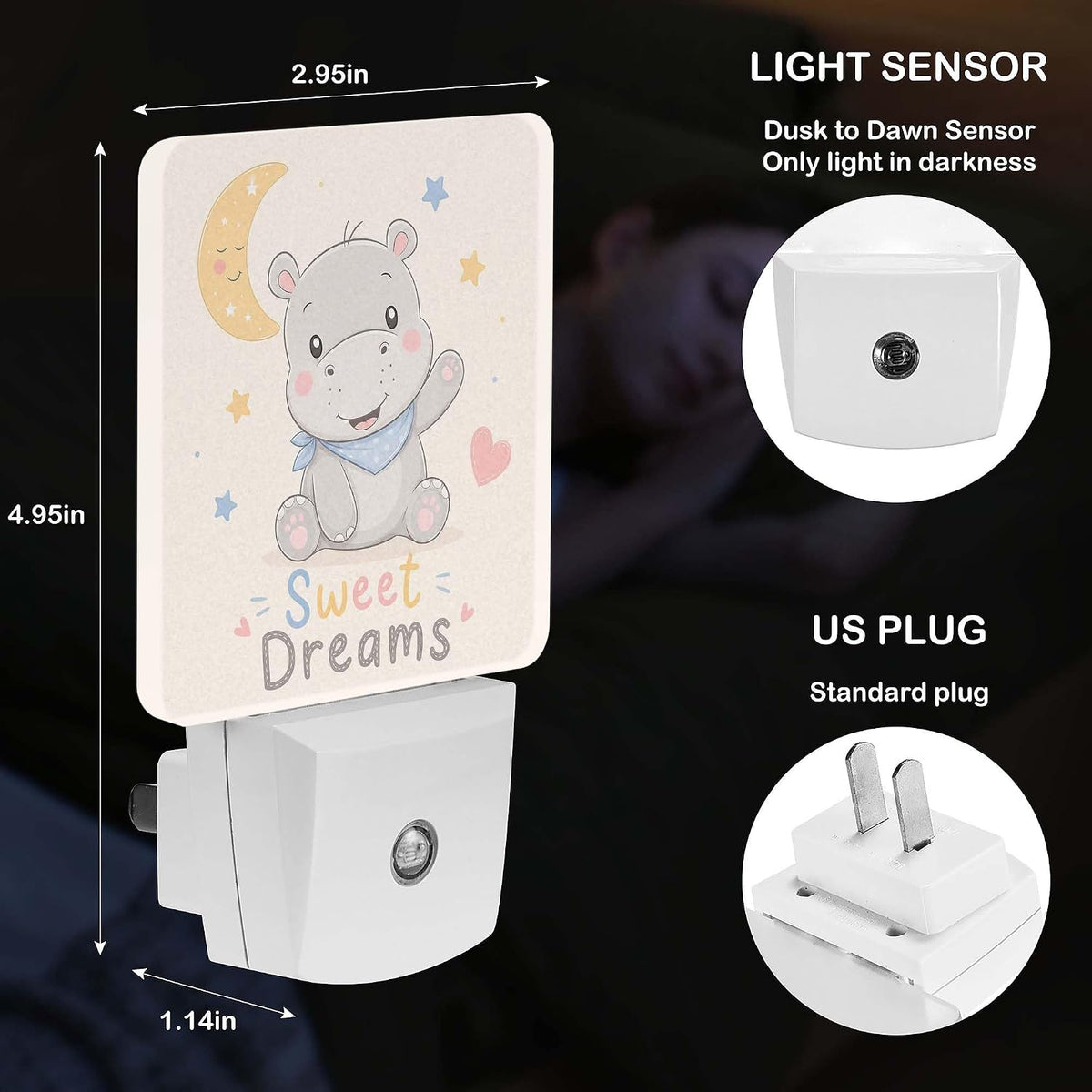 LED Night Light Lamp with Smart Sensor Dusk to Dawn Sensor,Cute Hippo Cartoon Night Light Daylight White,0.5W Plug-into Wall for Adults,Bedroom,Bathroom,Hallway,Kitchen