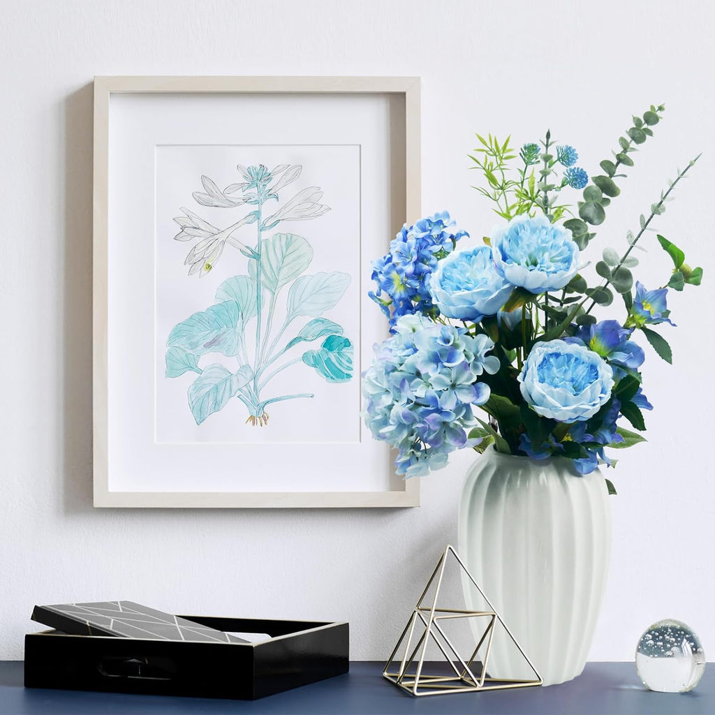 Artificial Flowers Bouquet – Fake Silk Hydrangea Peony and Eucalyptus Mix, Faux Flower Arrangements for Home, Office Decor and Dining Table Centerpieces (Blue)