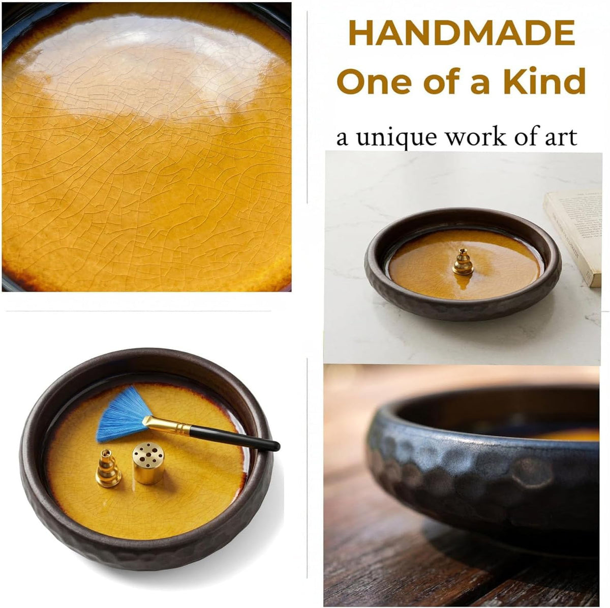 6 Inch Japanese Incense Holder Stick,Ceramic Handmade Crack Yellow Glaze