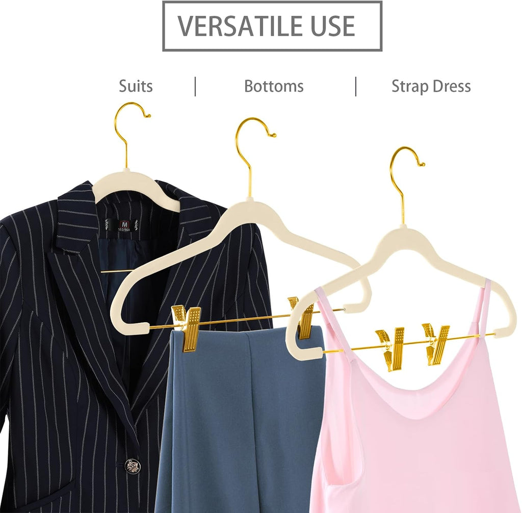 MIZGI Premium Velvet Pants Hangers with Adjustable Clips (Pack of 20) Slim Skirt Hangers- Non Slip Felt Outfit Dress Hangers Ivory - Gold Hooks,Space Saving Shirt Clothes Hangers