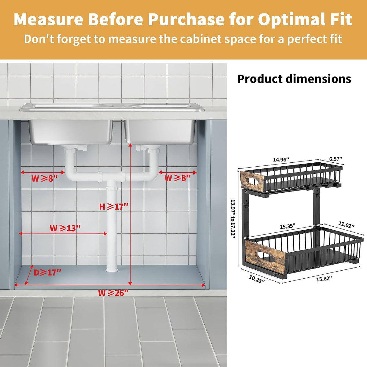 2 Pack Metal Under Sink Organizer with Sliding Drawer, Black