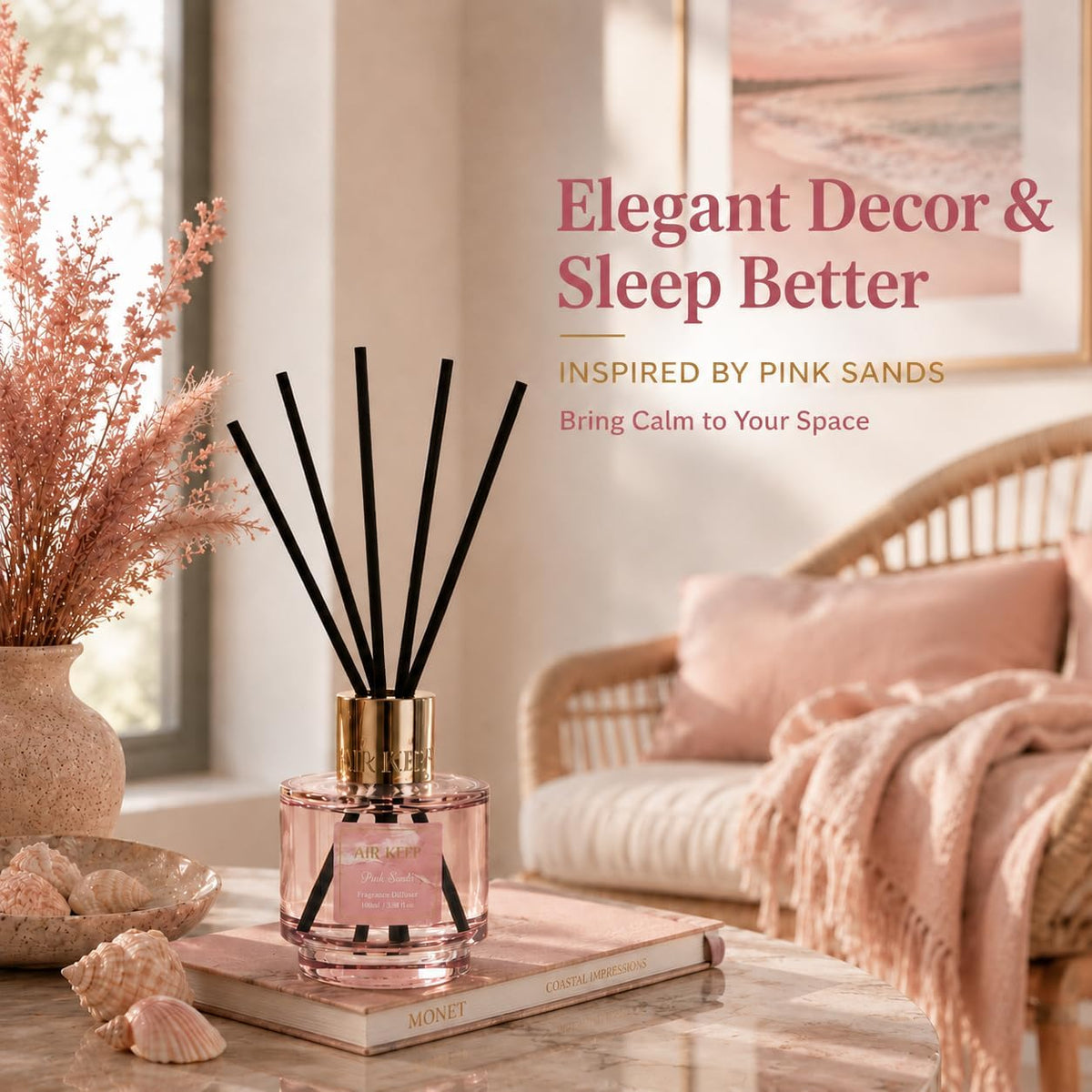 Airkeep Reed Diffuser Set with Refill & 8 Reed Sticks, 6.96 fl oz Pink Sands Home Fragrance, Long Lasting Aromatherapy Diffuser for Bedroom, Bathroom & Living Room