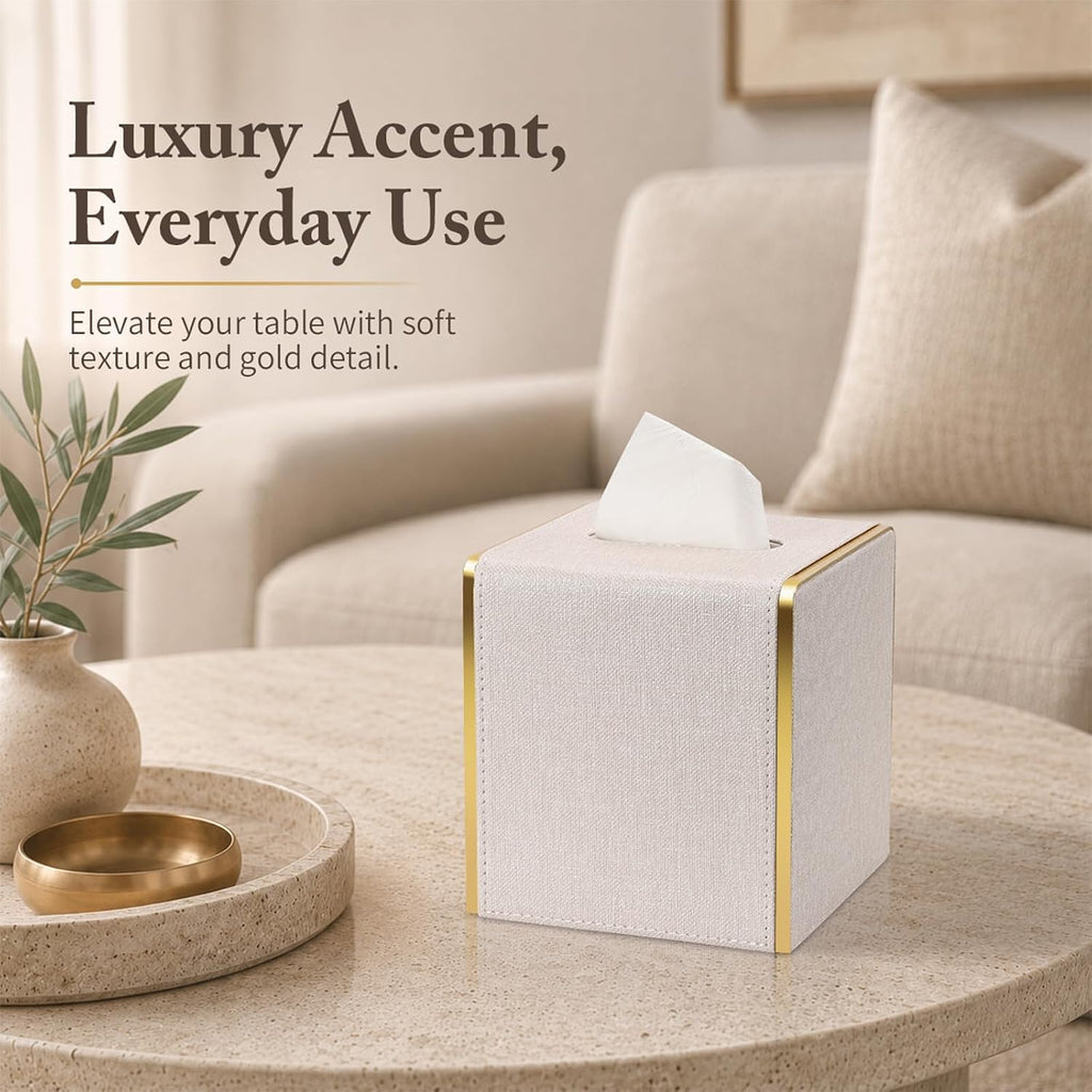 GORESE Linen Look Tissue Box Cover Square, PU Leather Tissue Box Holder