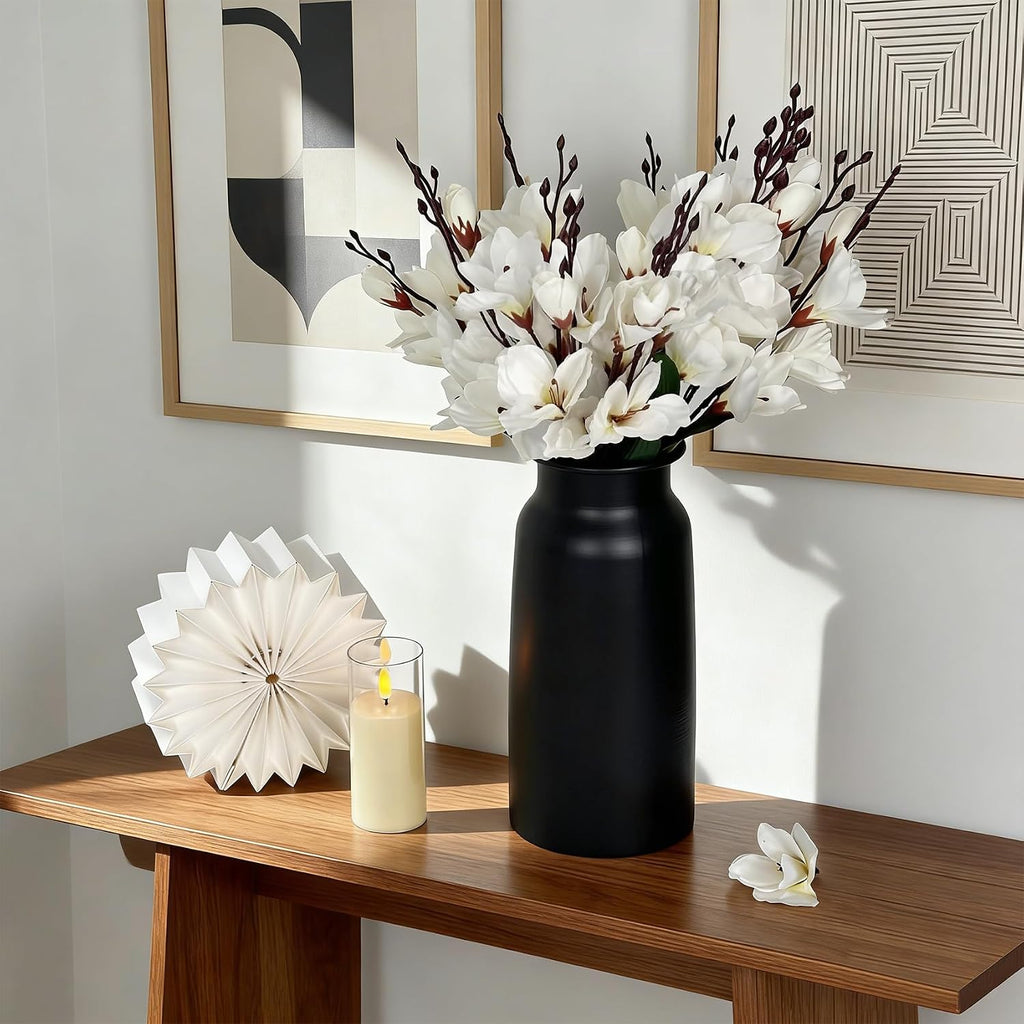 Black Seamless Wide Mouth Metal Flower Vase, 10.8" Modern Unique Home Decor Centerpiece Elegant Rose Cylinder Decorative Vases for Living Room Entry Table Office Desk Bathroom Shelf, Wedding Gift