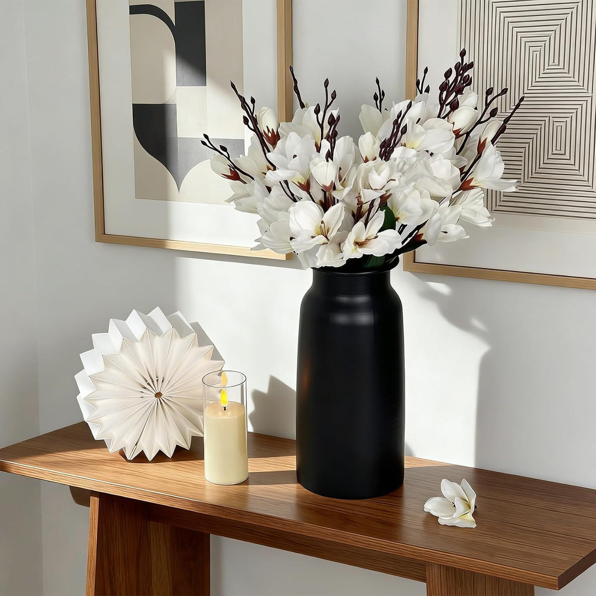 Black Seamless Wide Mouth Metal Flower Vase, 10.8" Modern Unique Home Decor Centerpiece Elegant Rose Cylinder Decorative Vases for Living Room Entry Table Office Desk Bathroom Shelf, Wedding Gift