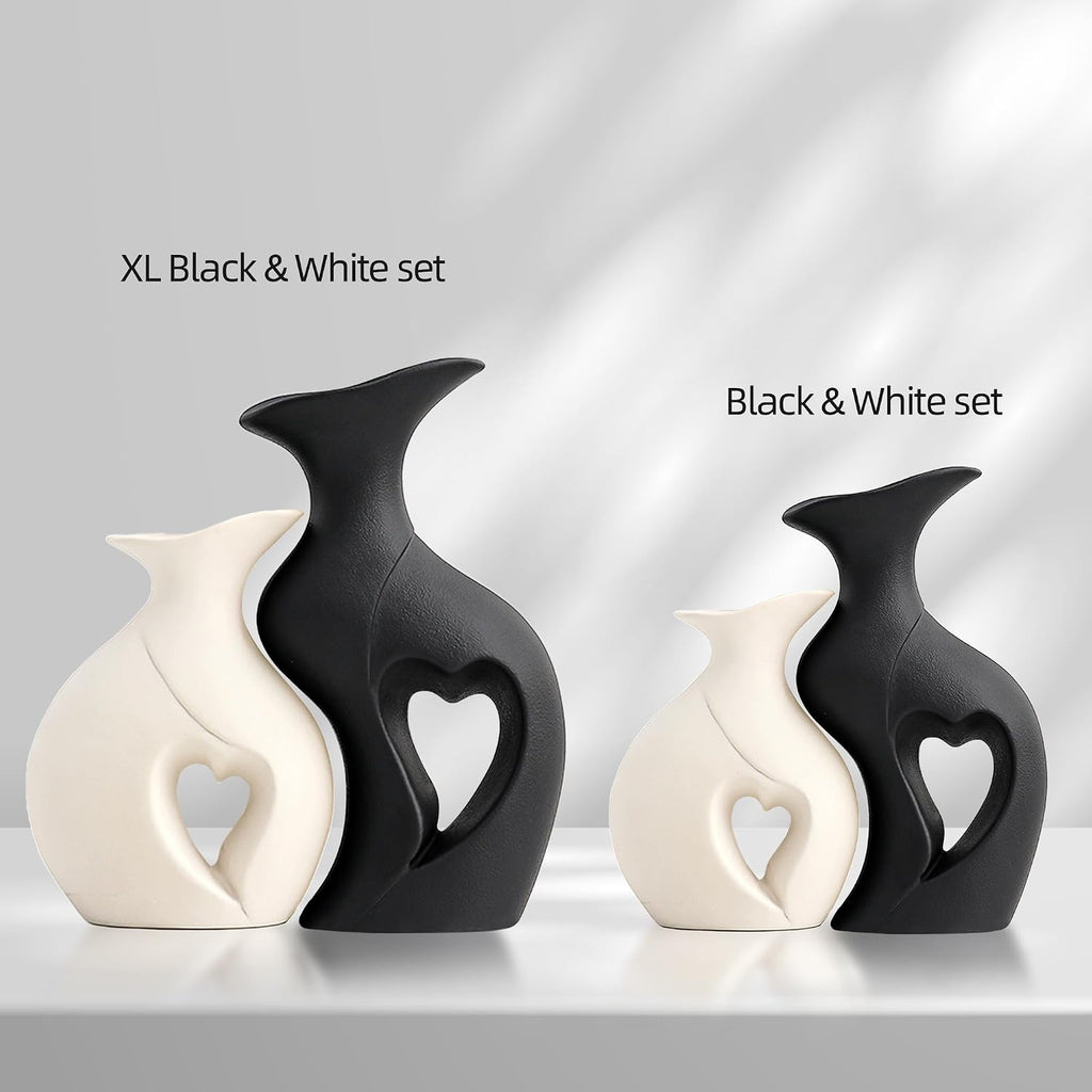 XL Black and White Decor Heart Shaped Ceramic Flower Vase Set of 2